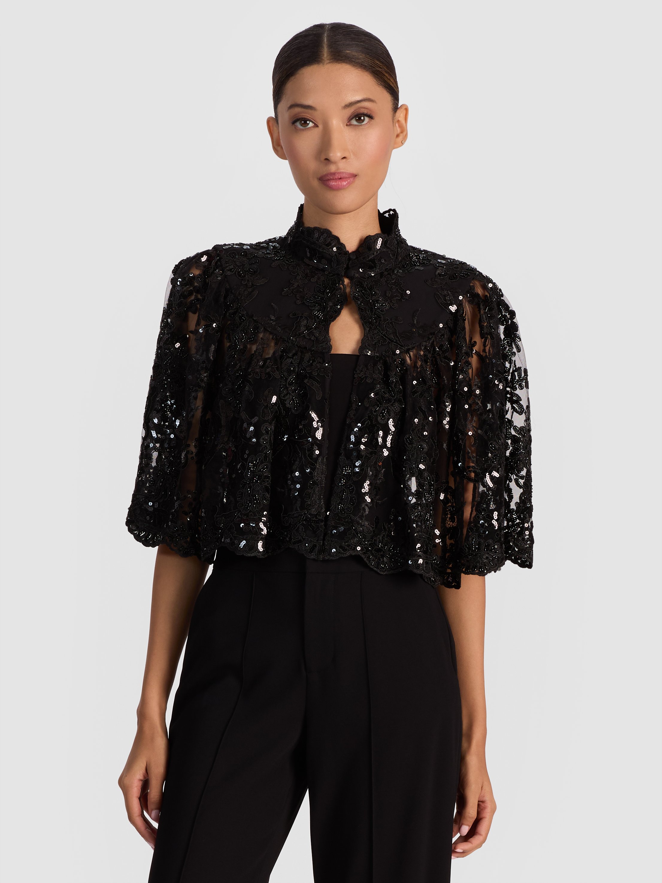 Alice And Olivia Aurelia Lace Embellished Mini Capelet In Black