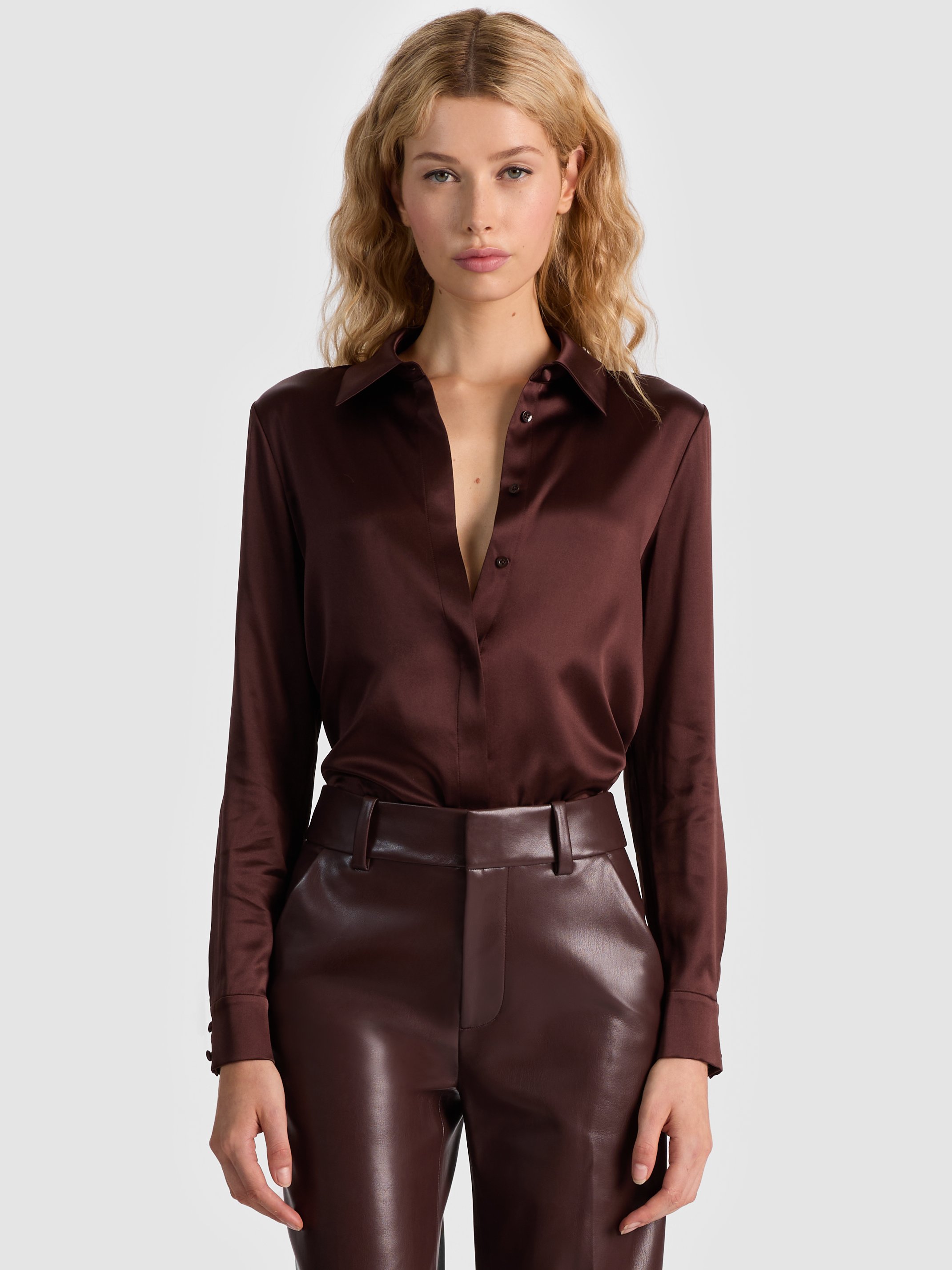 Alice And Olivia Willa Silk Blouse In Brown