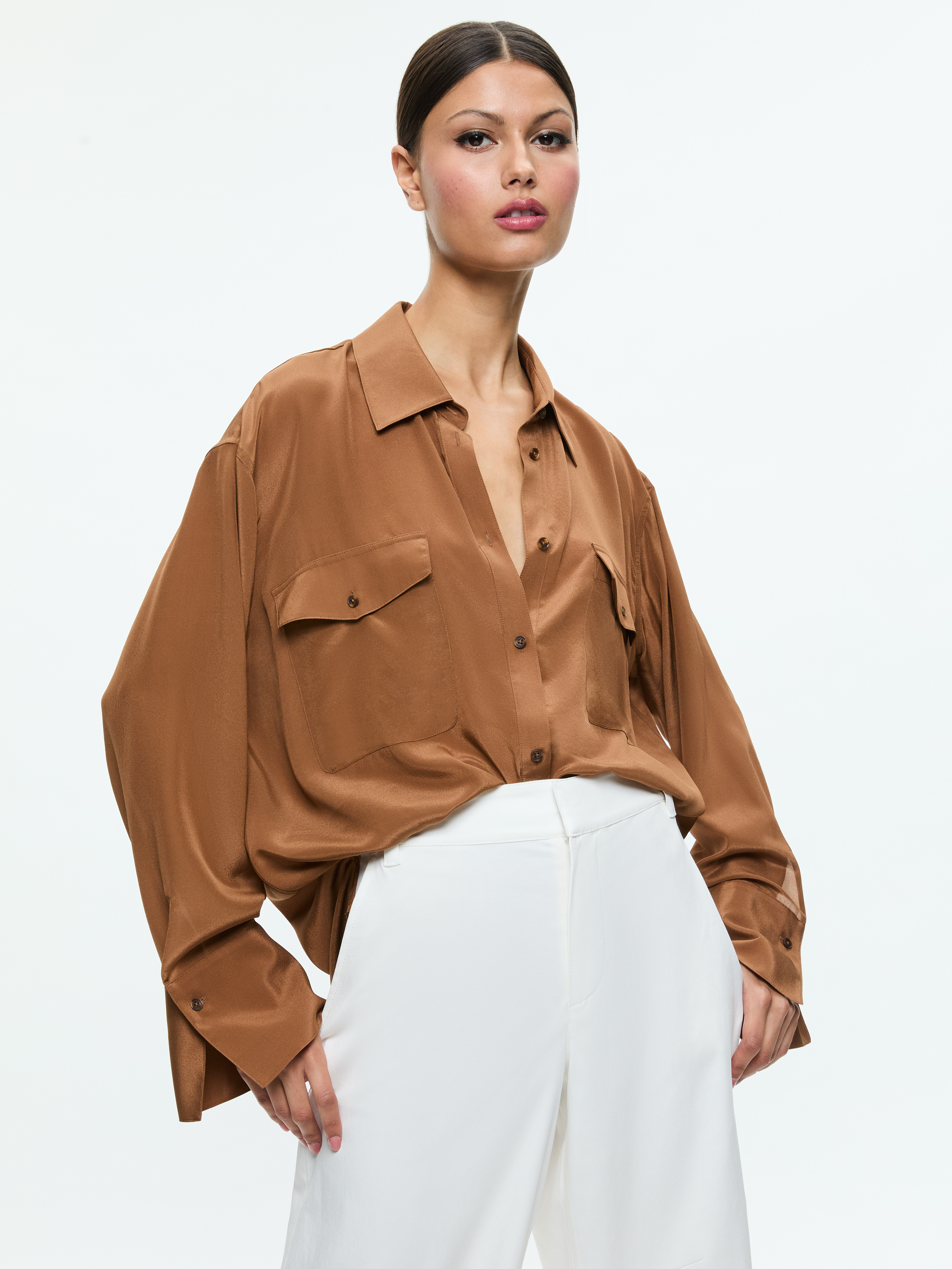 Alice And Olivia Finely Oversized Utility Shirt In Brown