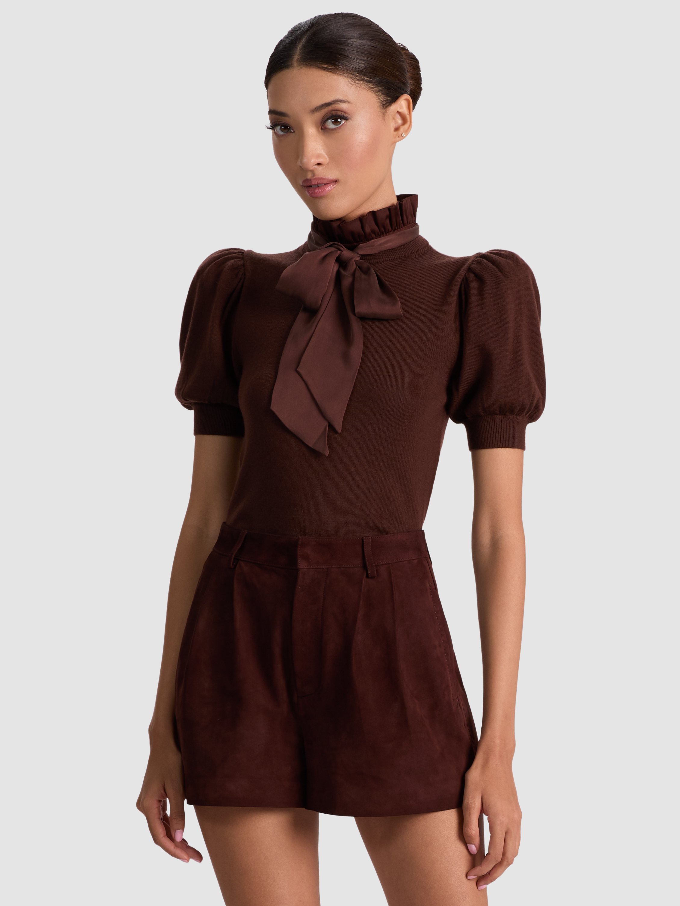 Alice And Olivia Chase Puff Sleeve Ruffle Neck Sweater In Brown