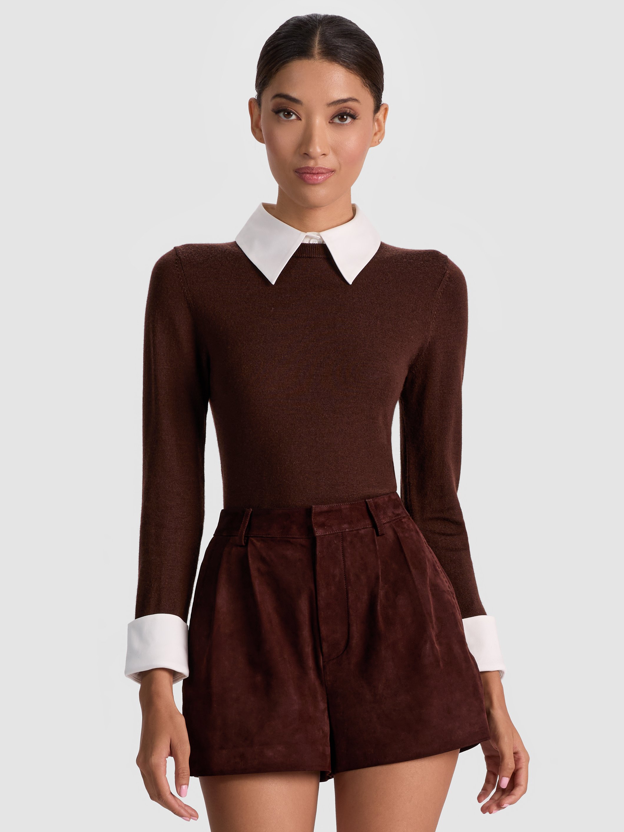 Alice And Olivia Porla Collared Sweater In Brown