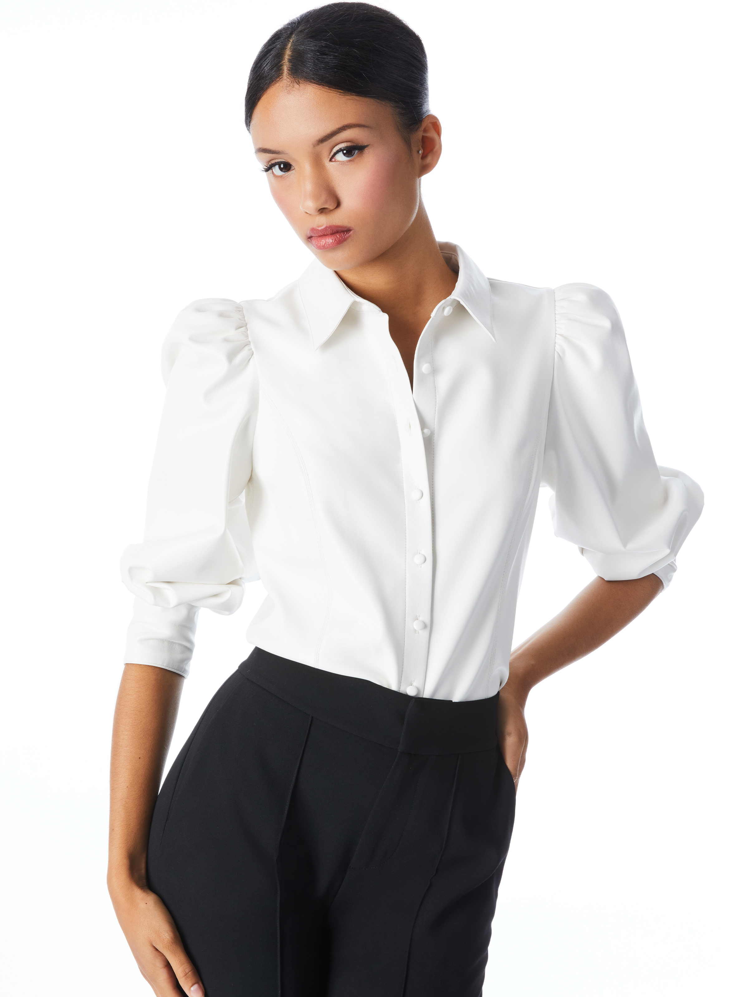 Alice And Olivia Nadine Puff-sleeve Vegan Leather Blouse In Off White