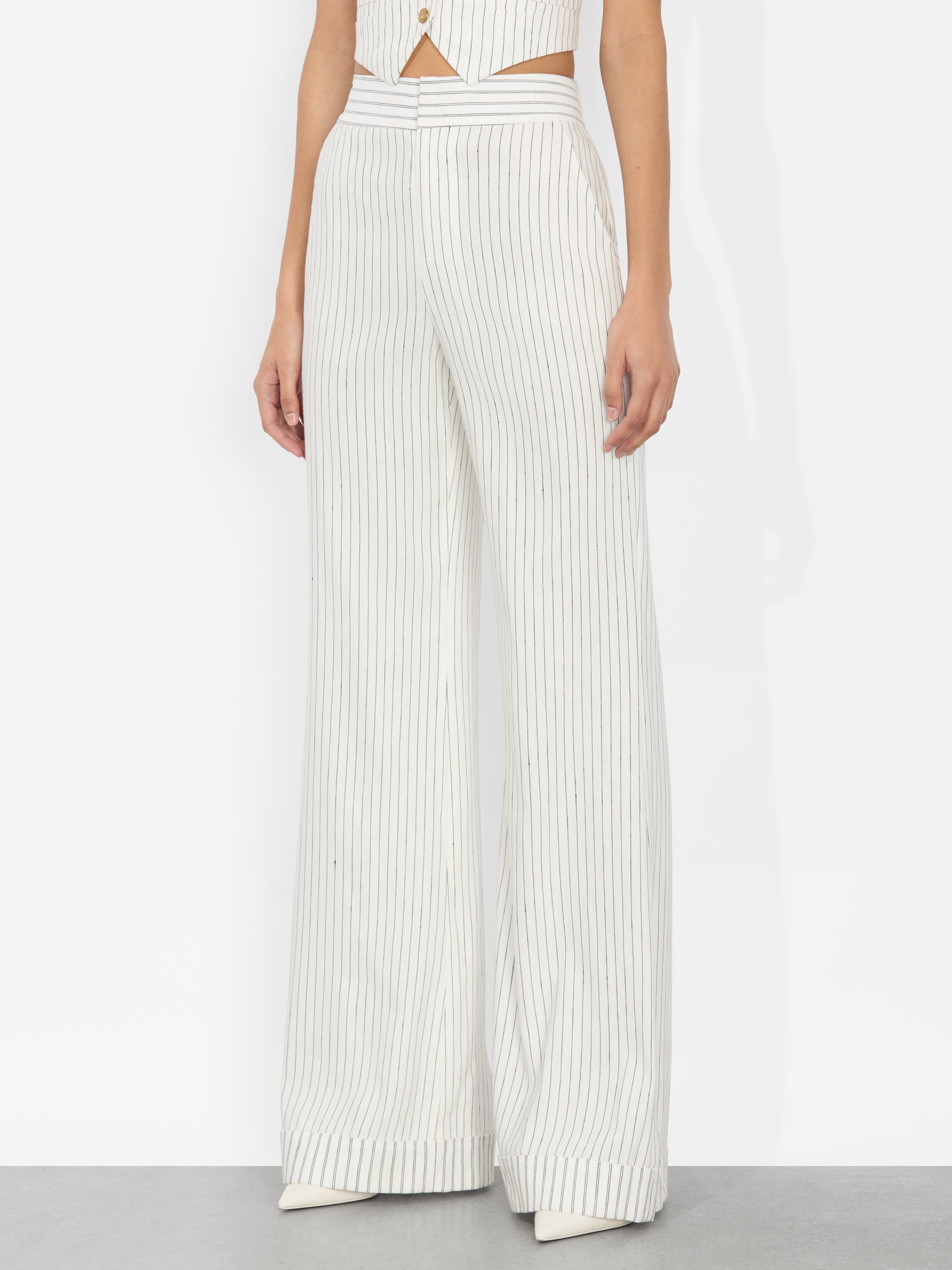Shop Alice And Olivia Dylan Cuffed Pant In Pinstripe Off White/black