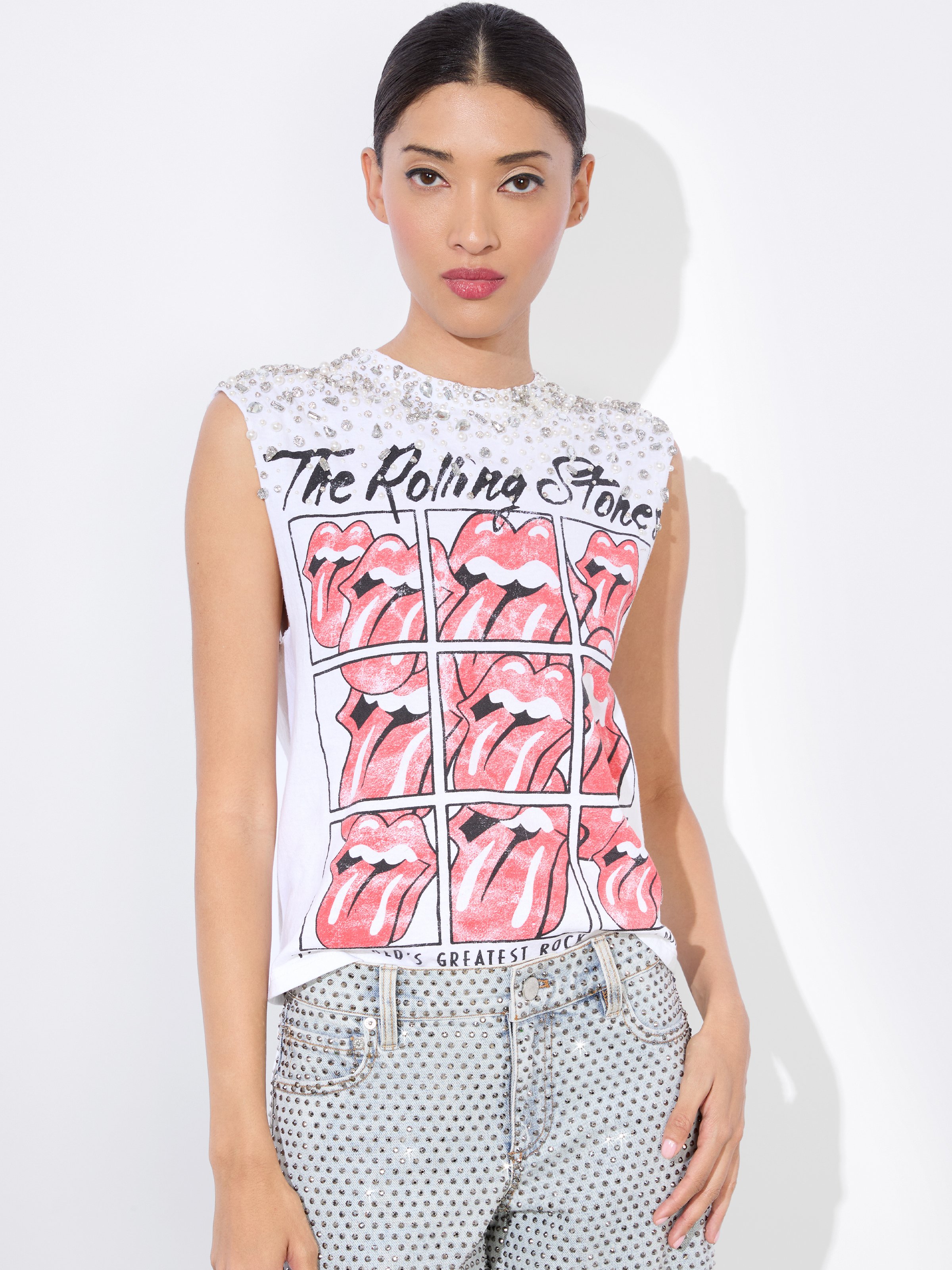 Alice And Olivia Micah Muscle Tank In Off White Multi